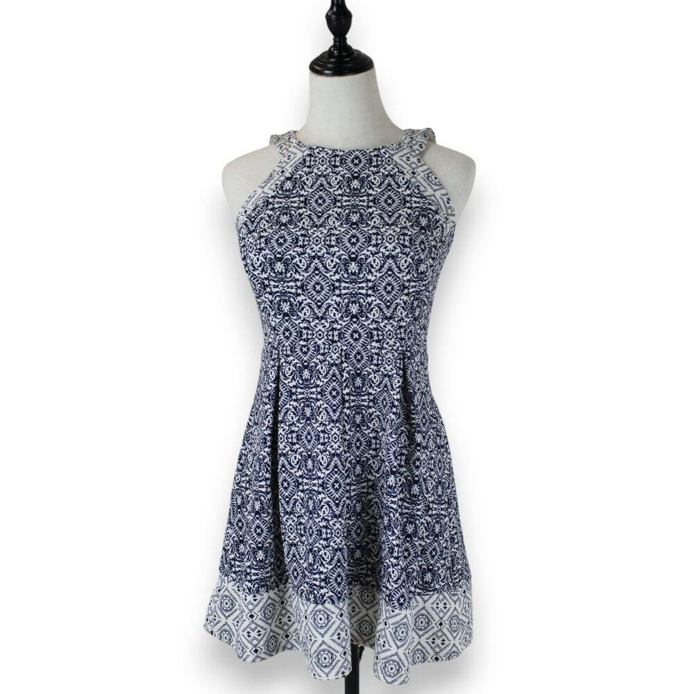Rewind XS Blue White Tile Print Fit & Flare Halter Dress Boho Mini